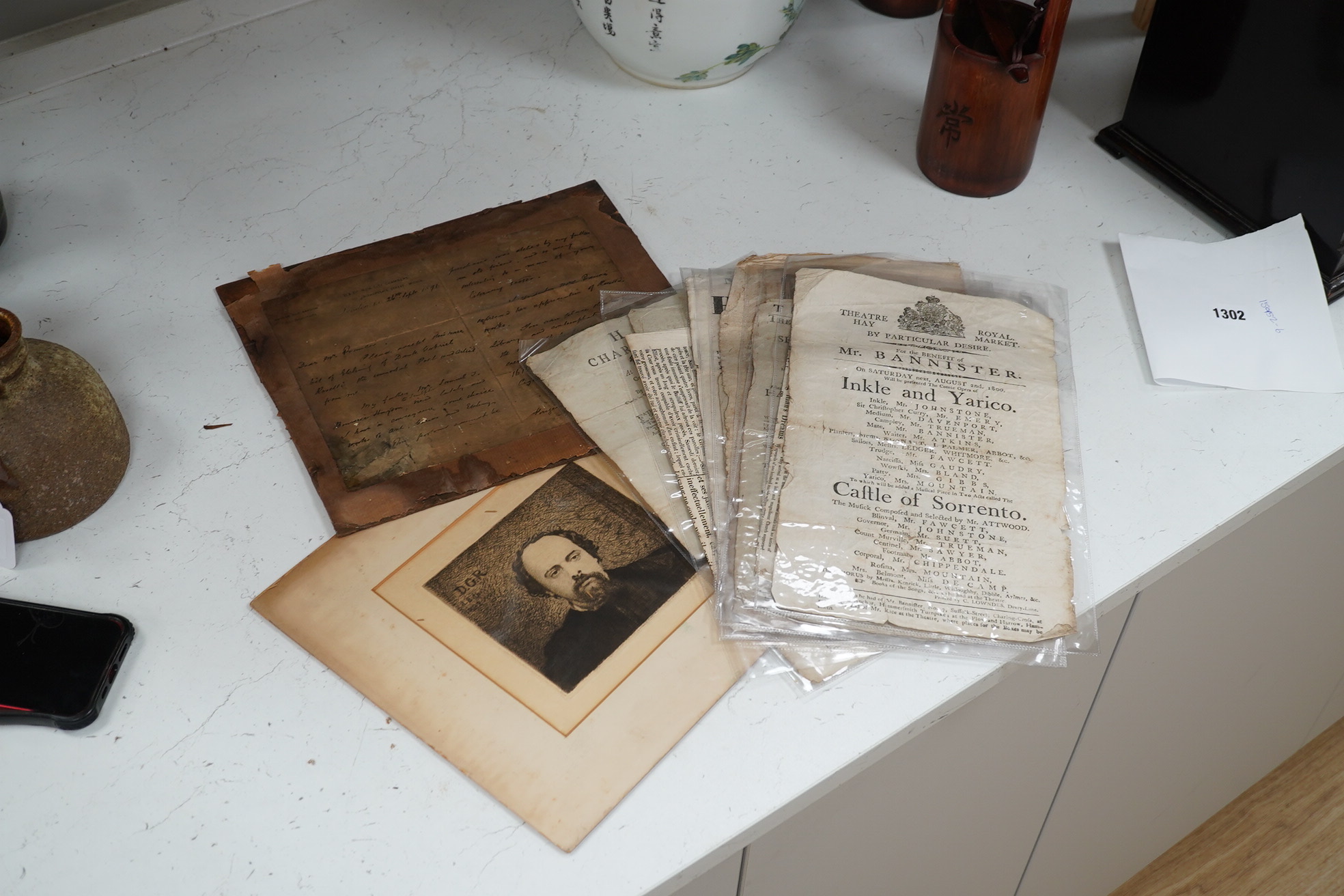 A collection of early 19th century bills and flyers etc and an etching of Rossetti, etching 14cm x 12cm. Condition - poor to fair